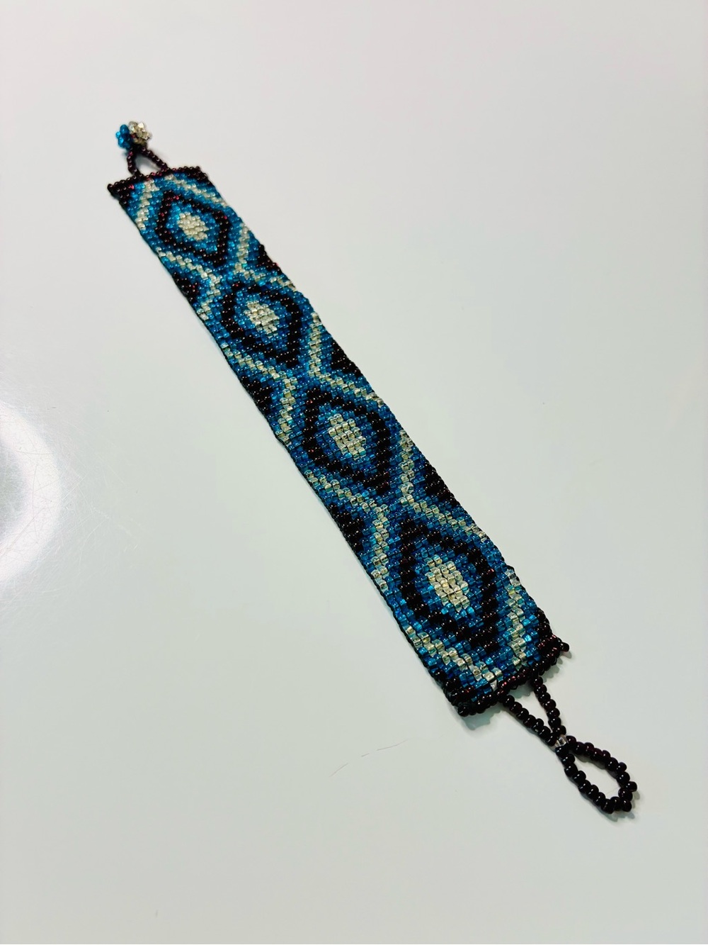 Source Unknown Blue Teal Black Geometric Beaded Bracelet Brooch - Picture 4 of 10